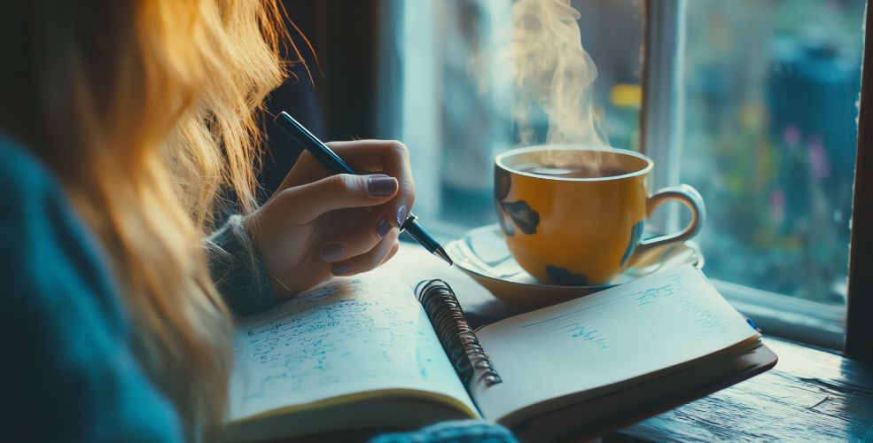 A close-up of a person writing in a notebook next to a steaming cup of coffee by a window.