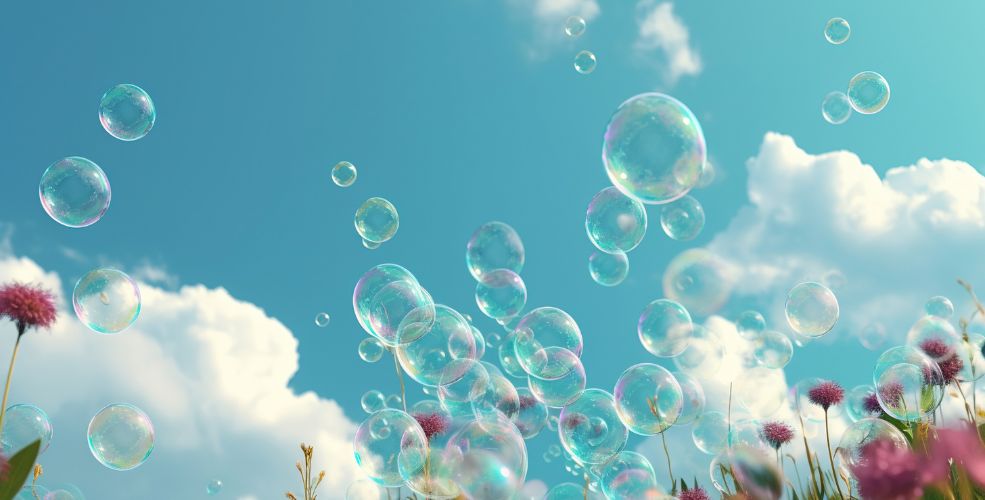 Transparent bubbles floating among wildflowers against a blue sky with clouds, symbolizing light and transient thoughts.