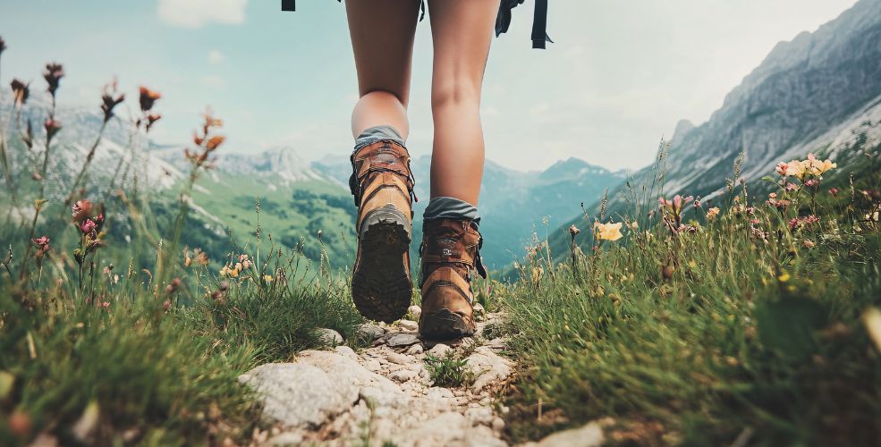 A close-up of a hiker's boots walking along a narrow trail surrounded by wildflowers, with towering mountains in the background under a bright sky.