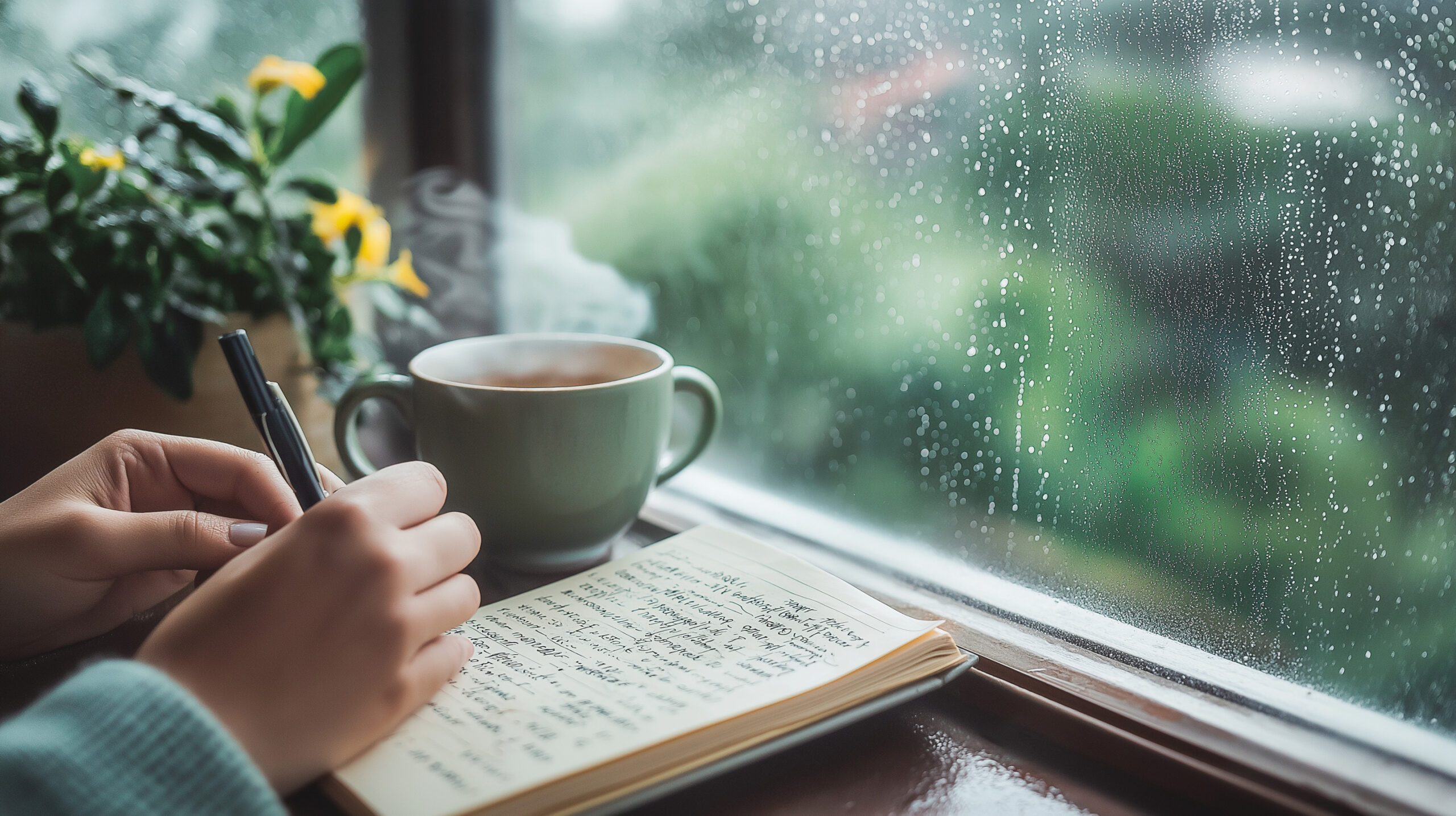 A person writing in a journal next to a steaming cup of coffee, with a rainy window and vibrant greenery in the background.