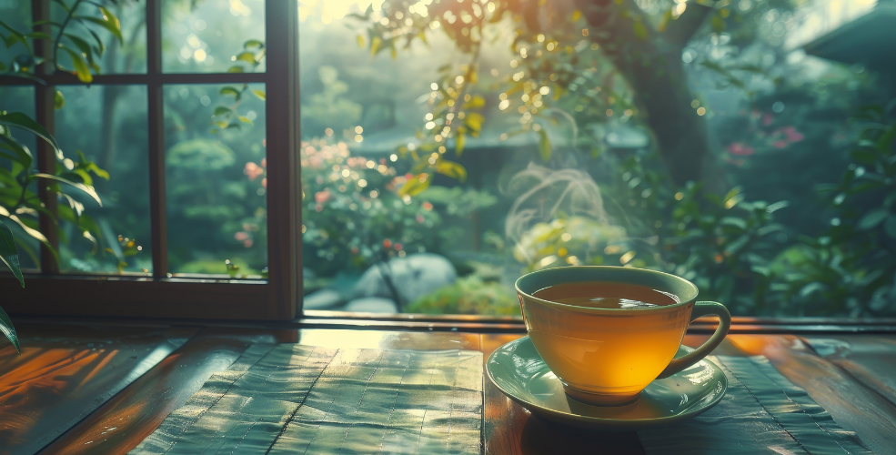 A healing scene of a steaming cup of tea on a wooden table by a window, overlooking a sunlit garden filled with lush greenery and blooming flowers.