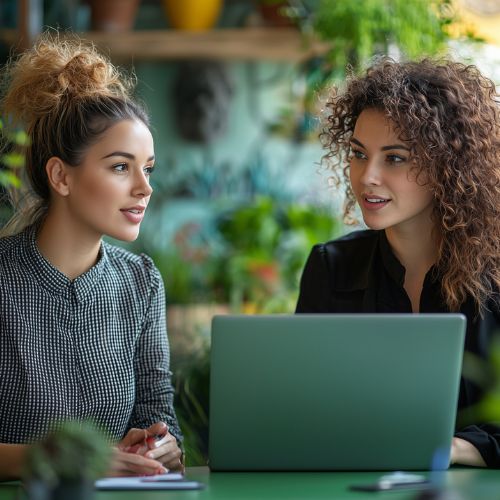 Two women collaborating with a laptop in a vibrant, green setting – symbolizing teamwork and growth.