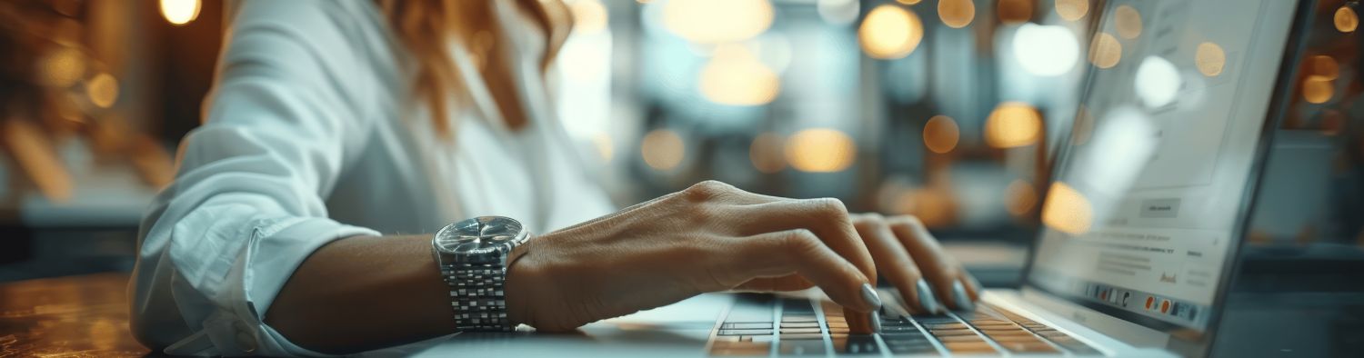 Close-up of a woman's hand on a laptop keyboard, with a modern, warm-lit workspace in the background, symbolizing professional email marketing in action.