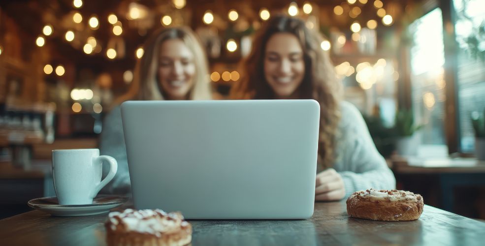 Two women smiling while looking at a laptop in a cozy coffee shop, with pastries and coffee on the table, symbolizing a relaxed and enjoyable learning environment.