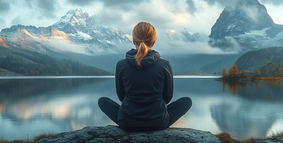 Woman in black sitting cross-legged on a rock, gazing at a tranquil lake surrounded by towering mountains under a misty sky.