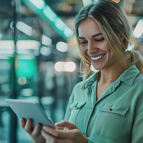 Smiling woman using a tablet in a modern setting – symbolizing learning, growth, and digital collaboration