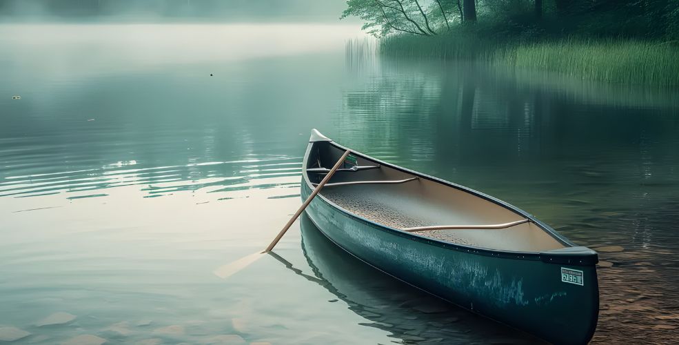 A green canoe resting on a calm, misty lake, surrounded by tranquil greenery, symbolizing reflection and the pursuit of authentic success.