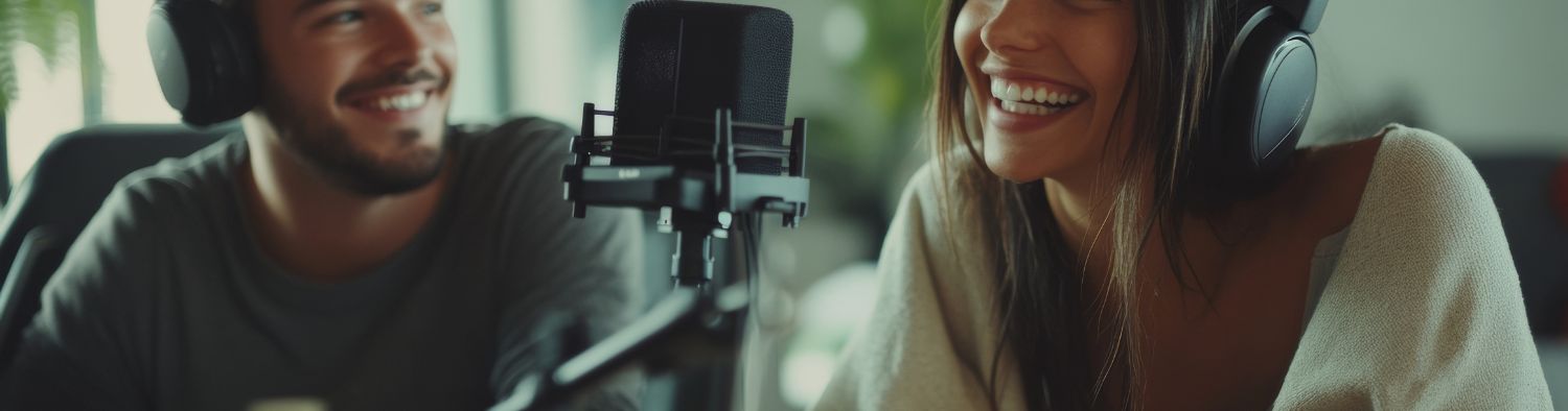 Smiling man and woman wearing headphones in a podcasting studio, with a professional microphone in focus, symbolizing engaging and dynamic podcast creation.