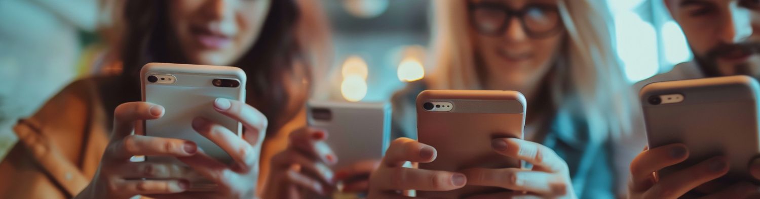 Group of people holding smartphones, smiling and engaged, symbolizing vibrant social media interactions and connectivity.