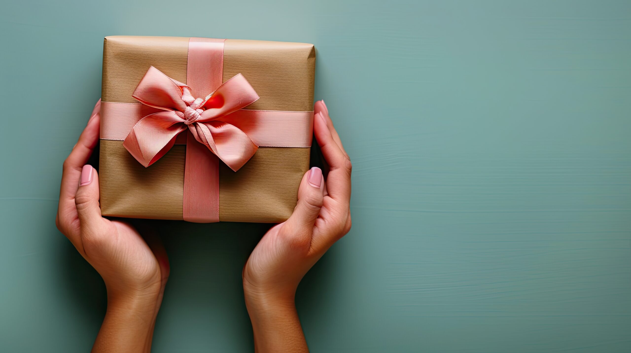 A pair of hands holding a neatly wrapped gift box with a pink ribbon, set against a teal background, symbolizing the idea of the present as a gift.