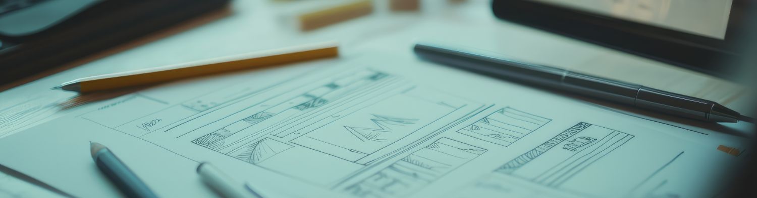 Close-up of website design sketches on paper, surrounded by pens and a tablet, symbolizing creative and strategic website planning.