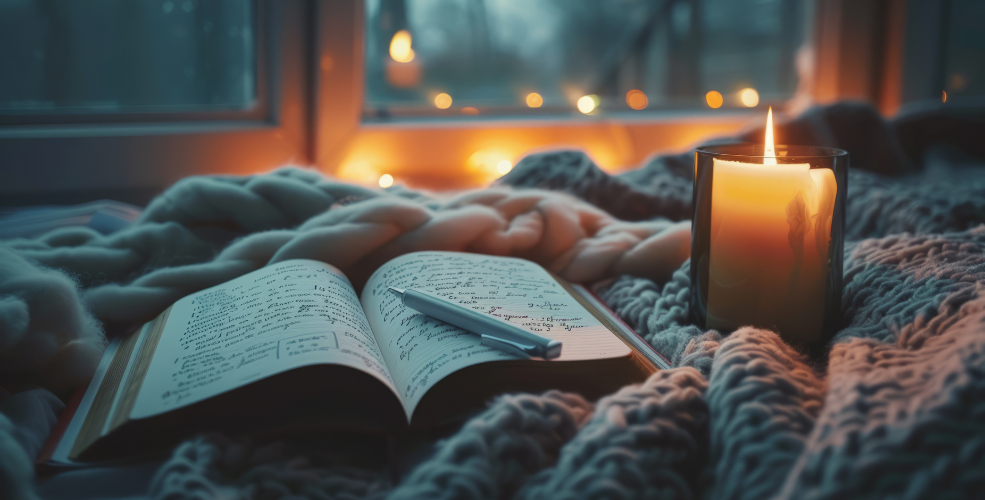 An open journal with handwritten notes and wish, placed on a cozy blanket beside a lit candle, creating a warm and reflective ambiance.