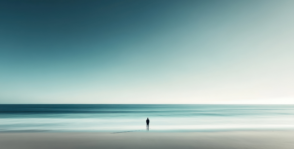 A serene image of a solitary figure standing at the edge of a calm ocean under a vast, clear sky, evoking introspection, peace, and the theme of inner transformation.