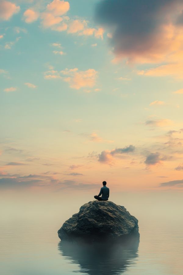 Person meditating alone on a rock above calm, misty waters during a peaceful sunset, symbolizing inner clarity and presence.