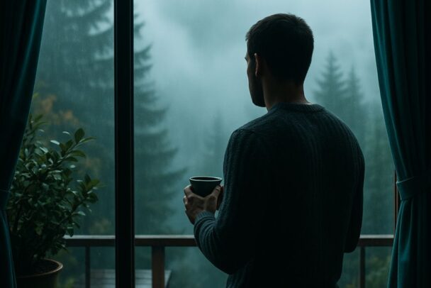 A man holding a mug and gazing out a foggy window