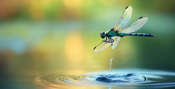 A dragonfly hovering above rippling water, symbolizing healing and transformation