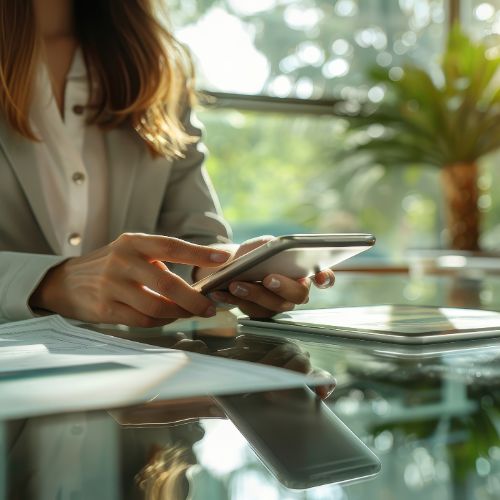 Businesswoman using smartphone at glass desk with digital tablet and paperwork, in a bright, modern office environment.