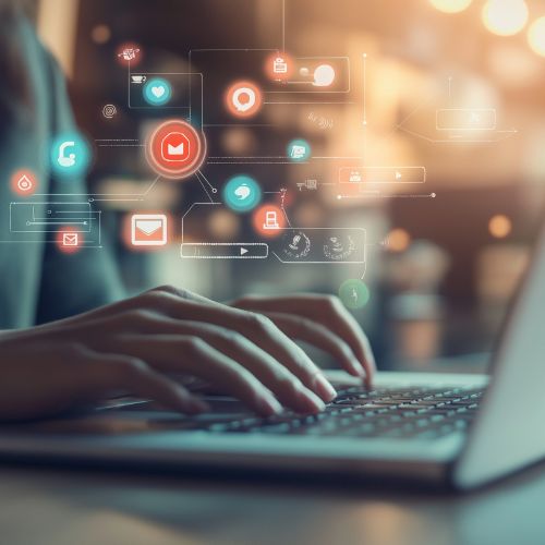 Person typing with social media icons — Simplified Social Media Solution™