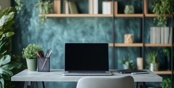 Minimalist business workspace with a laptop, plants, and bookshelves in the background — symbolizing balance, clarity, and ease in business.
