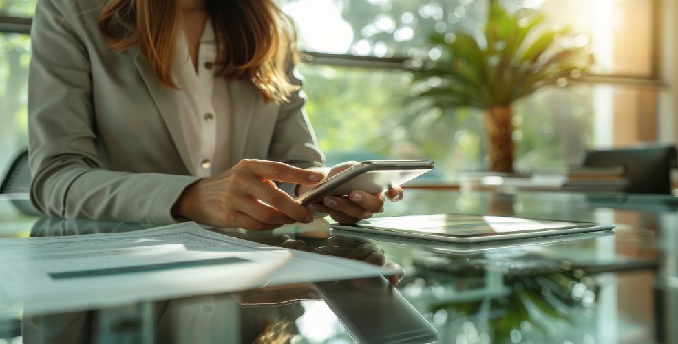 Businesswoman at a glass desk using a smartphone, with sunlight and a plant in the background — reflecting balance and authenticity in business.